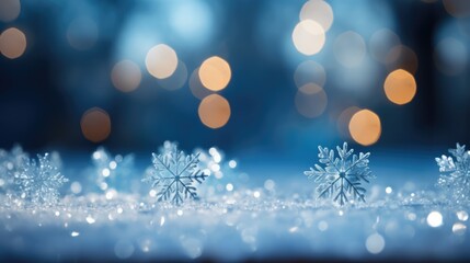 Blurred blue snow scene, blue glitter texture christmas with light snow background