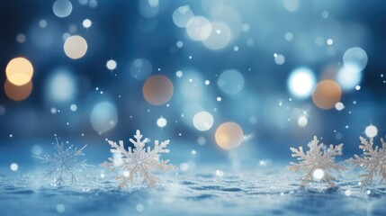 Fototapeta na wymiar Blurred blue snow scene, blue glitter texture christmas with light snow background