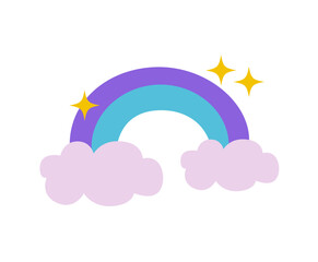 Rainbow with clouds icon, symbol around sparkles in y2k style. Retro illustration element, clip-art isolated on white background. Vector