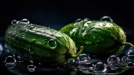 Fototapeta na wymiar Cucumber hit by splashes of water with black blur background