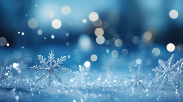 Blurred blue snow scene, blue glitter texture christmas with light snow background