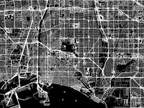 Vector road map of the city of  Long Beach California in the United States of America with white roads on a black background.