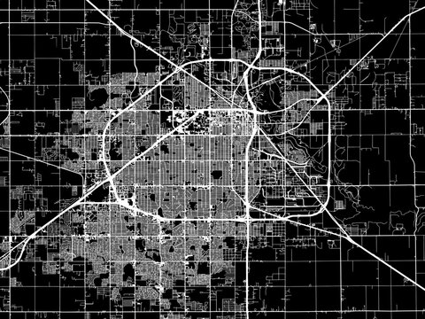 Vector road map of the city of  Lubbock Texas in the United States of America with white roads on a black background.