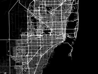 Vector road map of the city of  Miami Florida in the United States of America with white roads on a black background.