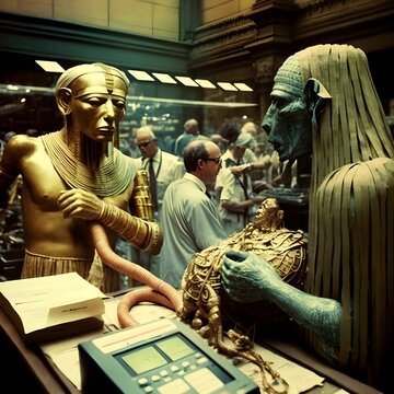 On the Wall Street trading floor one ancient Egyptian god unravels the strips of cloth around a mummy and the other ancient Egyptian god reads the strip of cloth as ticker tape hires photographic 