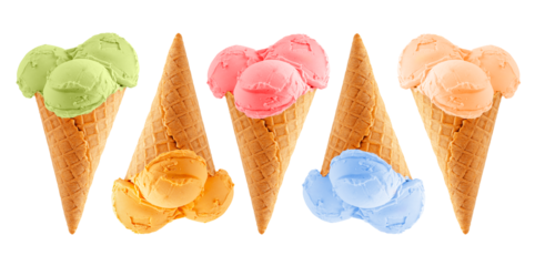 Collection of ice cream cones isolated on white background