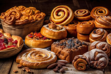 Many different delicious sweet pastries, cakes, rolls and muffins with fresh fruits and berries, tasty assorted desserts, AI Generated