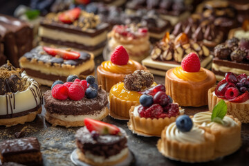 Many different delicious sweet pastries, cakes, rolls and muffins with fresh fruits and berries, tasty assorted desserts, AI Generated