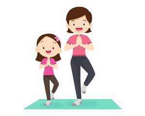 Obraz premium Happy Family Sport Activity. Mother, Father and Kid Doing Morning Exercising at Home