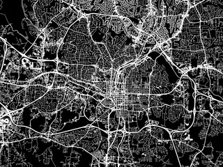 Vector road map of the city of  Raleigh North Carolina in the United States of America with white roads on a black background.