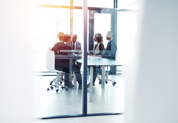 Project management, planning and meeting with business people in office for teamwork, review and brainstorming. Corporate, collaboration and strategy with group of employees in boardroom for idea