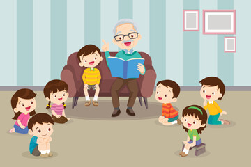 children listen dad mom grandparents reading book on sofa