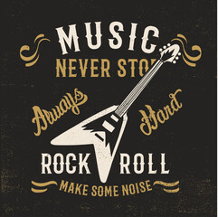 rock music concept tee print design as vector with guitar drawing