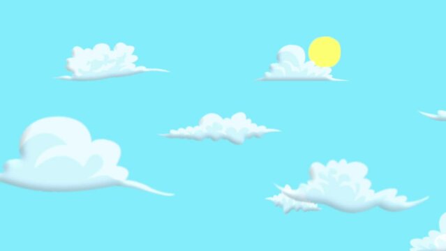 4K animated cartoon skyscape with fluffy clouds drifting right to left against a blue sky and a bright sun.