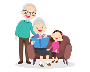 grandparents reading book with granddaughter