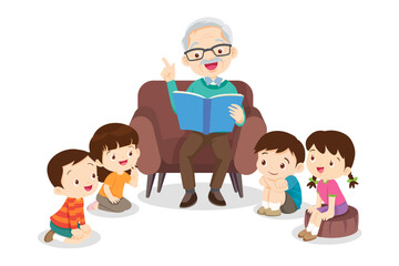 children listen dad mom grandparents reading book on sofa