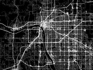 Vector road map of the city of  Tulsa Oklahoma in the United States of America with white roads on a black background.