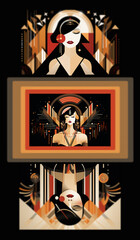 Meditation portal,  half body woman with closed eyes and art deco decoration, unreal mental states of mind, deep sleep dream,  reflection of geometric patterns and defocused women faces, generative AI