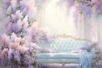 Wedding background with wisteria and lilac flowers and a luxury sofa, delicate watercolour soft pastel colour generative AI backdrop  