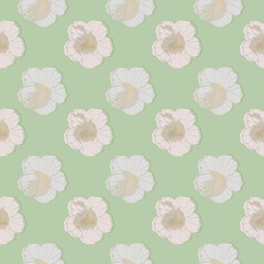 Minimalistic floral seamless pattern with delicate flowers and gold outline. Pattern for textiles, wrapping paper, wallpapers, backgrounds, decor, postcards, item designs.