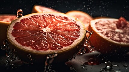 Grapefruits hit by splashes of water with black blur background