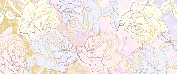 Fototapeta premium Abstract floral green background with golden contours of roses. Background for decor, wallpapers, postcards, diplomas, covers and presentations