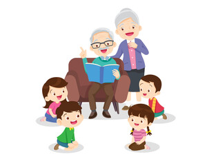 children listen dad mom grandparents reading book on sofa