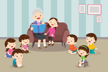 children listen dad mom grandparents reading book on sofa