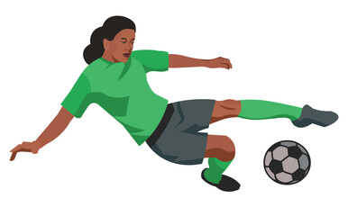 South African women's football girl player in a green sports uniform jumps to hit the ball