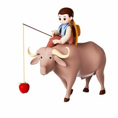 3D rendering of a cartoon illustration of a boy and cattle