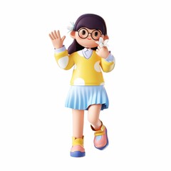 3D rendering of a cartoon illustration of a girl holding a flowers