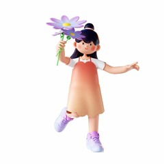3D rendering of a cartoon illustration of a girl holding a flowers