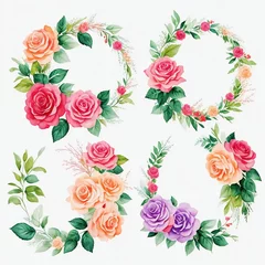 Raamstickers Bloemen Watercolor wreaths rose flower frames with white background,Generative AI.