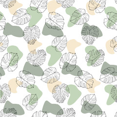 Tropical seamless pattern with monstera leaves contours and yellow-green spots on a white background. Pattern for textiles, wrapping paper, wallpapers, backgrounds, decor, postcards, item designs.