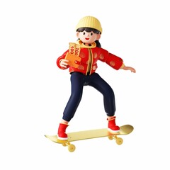 3D rendering of a cartoon illustration of a cheerful young woman shopping