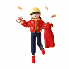 3D rendering of a cartoon illustration of a cheerful young woman shopping