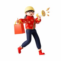 3D rendering of a cartoon illustration of a cheerful young woman shopping