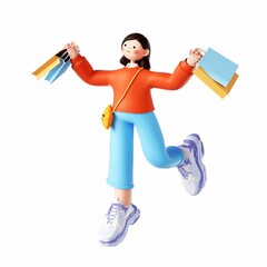 3D rendering of a cartoon illustration of a cheerful young woman shopping