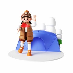 3D rendering of a cartoon illustration of a cheerful young woman enjoying a winter adventure outdoor