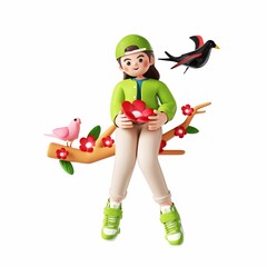 3D rendering of a cartoon illustration of a cheerful girl sitting on a branch, holding a flower