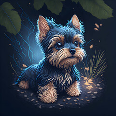 Naklejka premium Young Yorkshire Terrier Sitting in the Yard