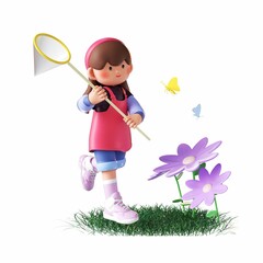 3D rendered illustration of a young female child enjoying a sunny day outdoors catching butterflies