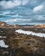 Scenic landscape with a grassy field blanketed with a layer of fresh snow