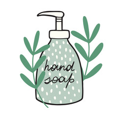 Hand soap bottle with cute polka dot, hand drawn vector illustration in outline design, isolated on white background
