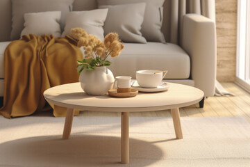 a close-up shot of a single cozy coffee table set place in a living room, sweet and minimal