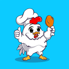 cute chicken chef holding fried chicken cartoon