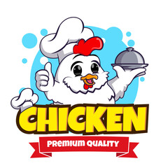 cute chicken chef holding tray mascot Logo