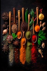 AI generated illustration of different spices on wooden spoons