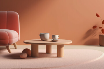 a close-up shot of a single cozy coffee table set place in a living room, sweet and minimal