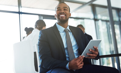 Fototapeta premium Accountant, tablet and thinking black man in office for business, research email or online app. Happy, technology and corporate African auditor with idea, planning or solution for problem solving.